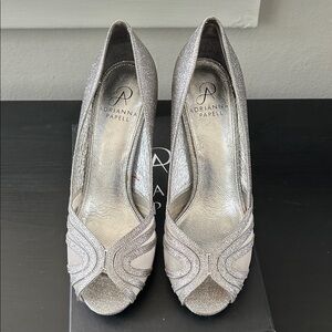 Adrianna Papell Silver Glitter Peep Toe Heels